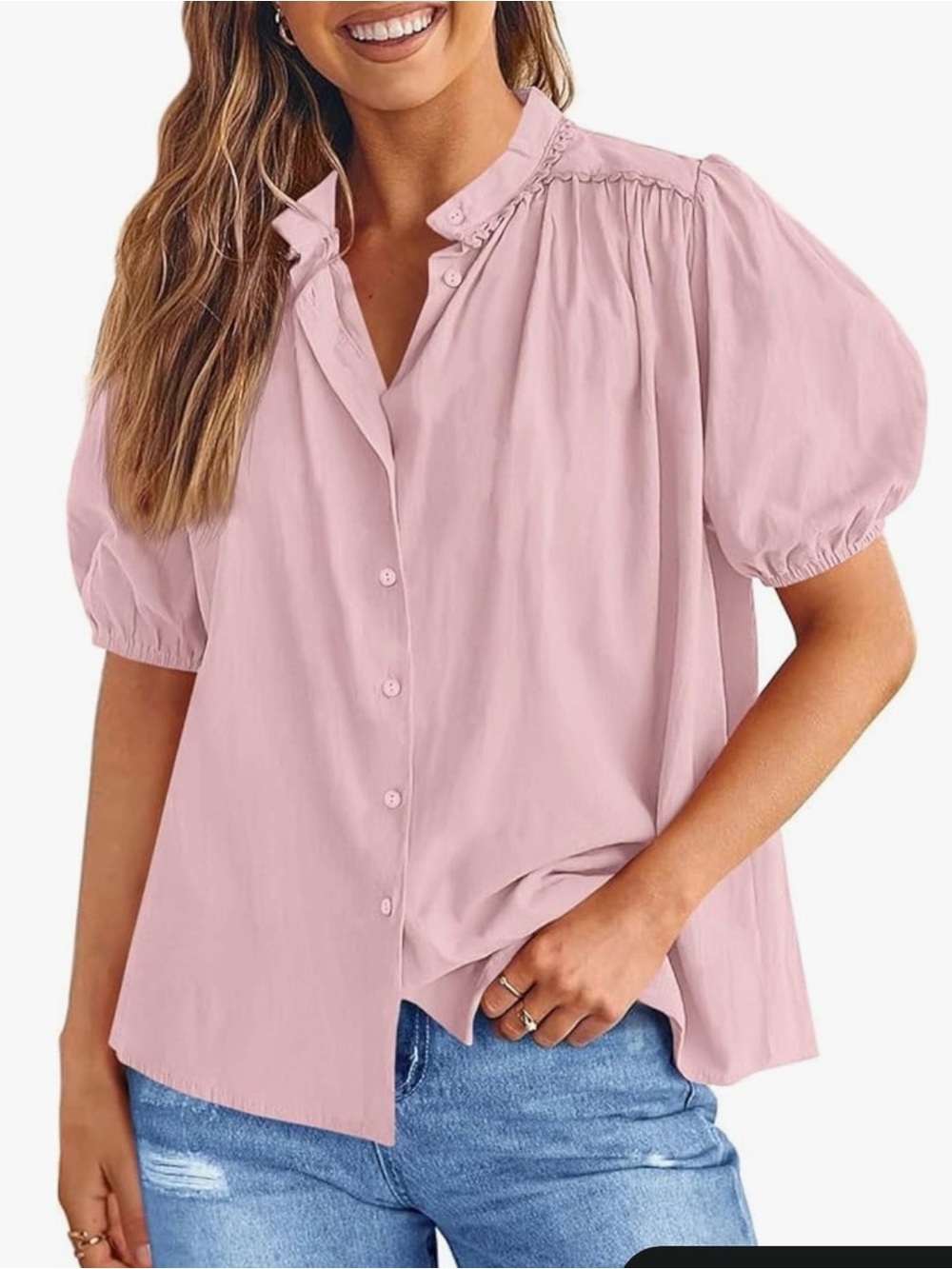Women's Puff Sleeve Button-Down Top - Light Pink